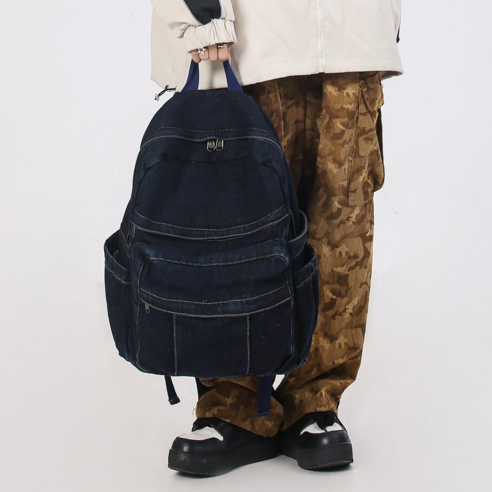 Dark Wash Denim Jean Backpack for Women & Men Retro Aesthetic Rucksack Basic Backpack for High / Students Travel Laptop Bag - Image 2