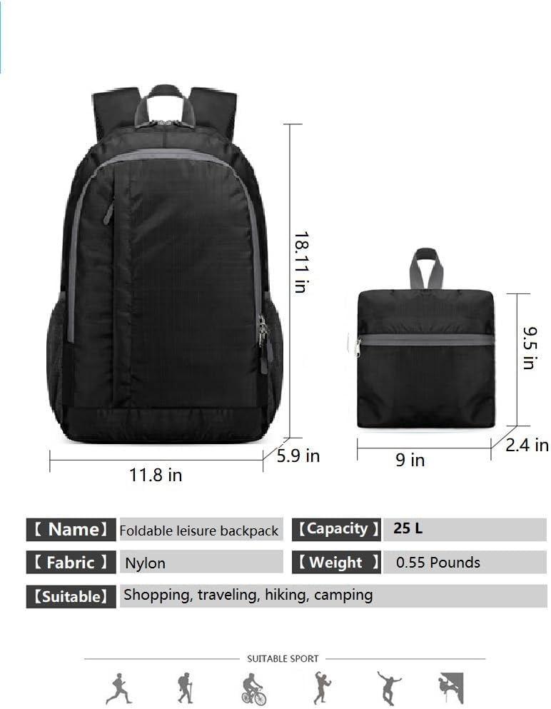 Ultra Lightweight-Packable-Hiking-Backpack Small Foldable Travel Camping Daypack Casual Outdoor Water-resistant 25L Backpacks (Black) - Image 2