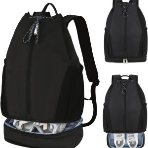 Gym Drawstring Backpack with Shoe Compartment – Waterproof Sports Bag, Lightweight & Breathable for Gym, Travel, Yoga | Large Capacity, Foldable Design Black