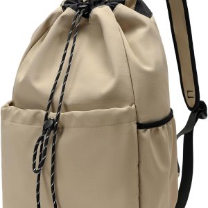 Casual Drawstring Backpack, 22L String Bag Gym Backpacks for Men Women, Water-Resistant Sports Bag Workout Backpack for Beach Swim Hiking Basketball Outdoor Activities Carry Everywhere, Khaki