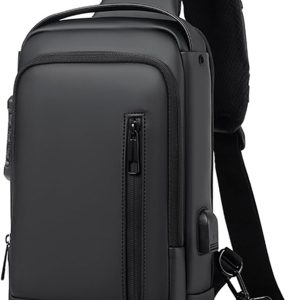 Sling Bag for Men | Anti-theft Crossbody Bag USB PU Leather Shoulder Bag Chest Bag for Daily use Waterproof Lightweight One Strap Backpack, Black