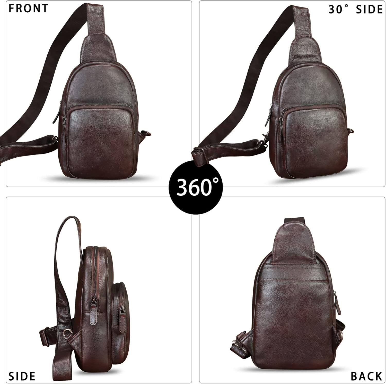 Genuine Leather Sling Bag Retro Crossbody Sling Backpack Handmade Chest Shoulder Daypack Cycling Bag Purse Fanny Pack (Coffee) - Image 2