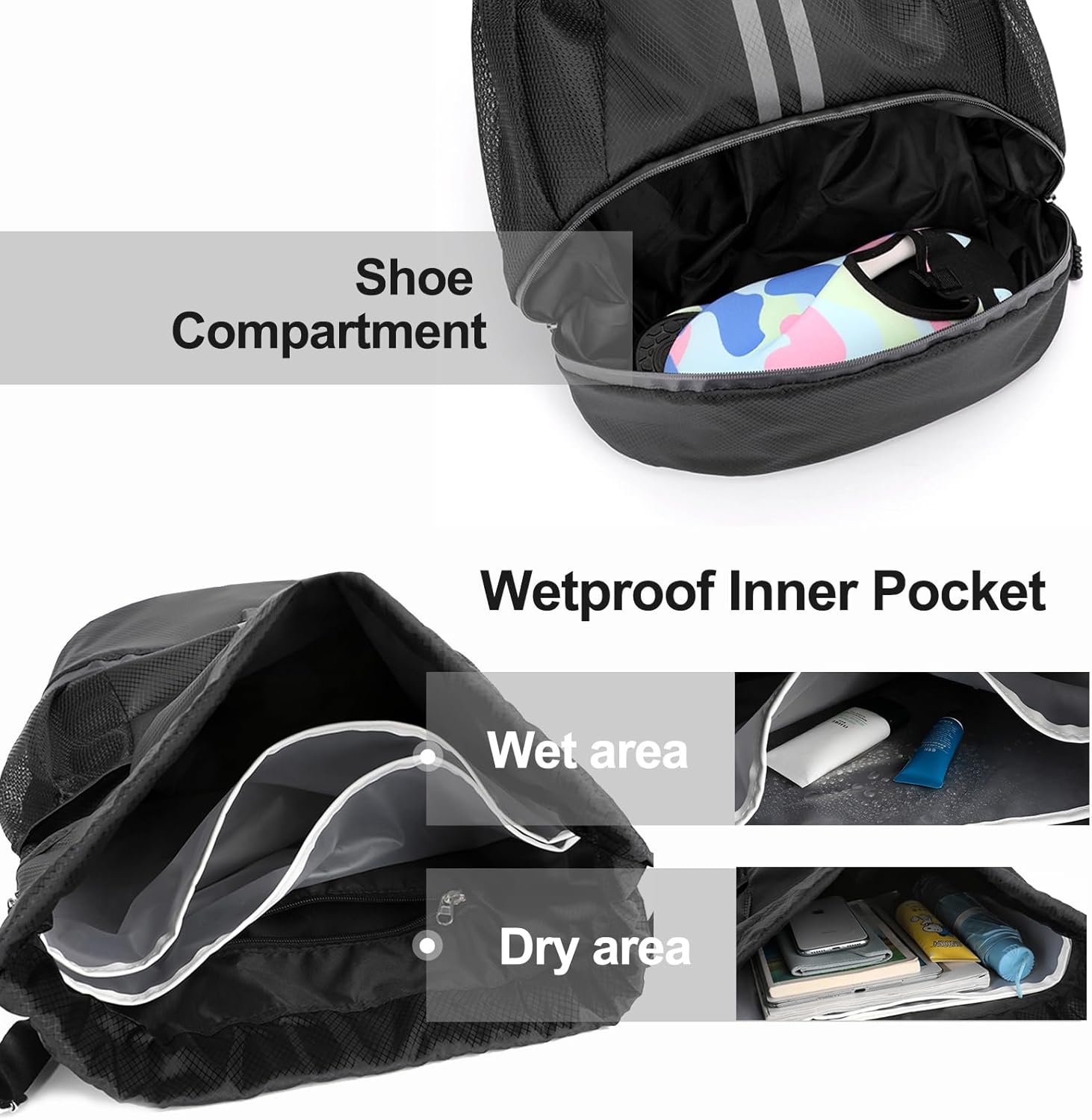 Sports Drawstring Backpack - String Swim Gym Bag with Shoes Compartment and Wet Proof Pocket for Women&Men - Image 2