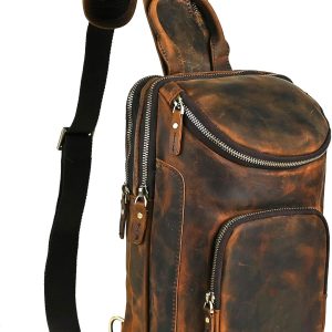 Thick Crazy horse Leather Triangle Crossbody Sling Chest Bag Travel One Shoulder Bag Daypack For Men Male 3028