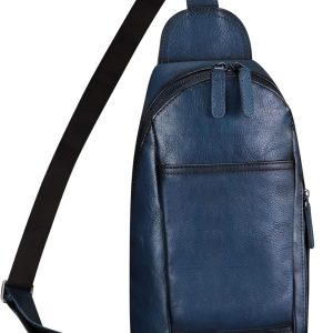 Genuine Leather Sling Bag Handmade Retro Crossbody Sling Backpack Purse Chest Shoulder Hiking Daypack Fanny Pack (Blue)