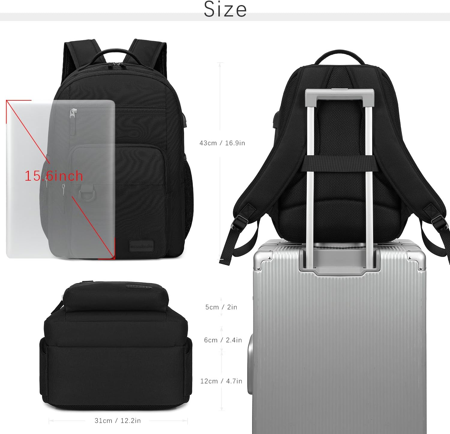 Lightweight Black Backpack for Men Casual Backpacks for Work15.6 inch Laptop Bookbag with USB Charging Port - Image 2