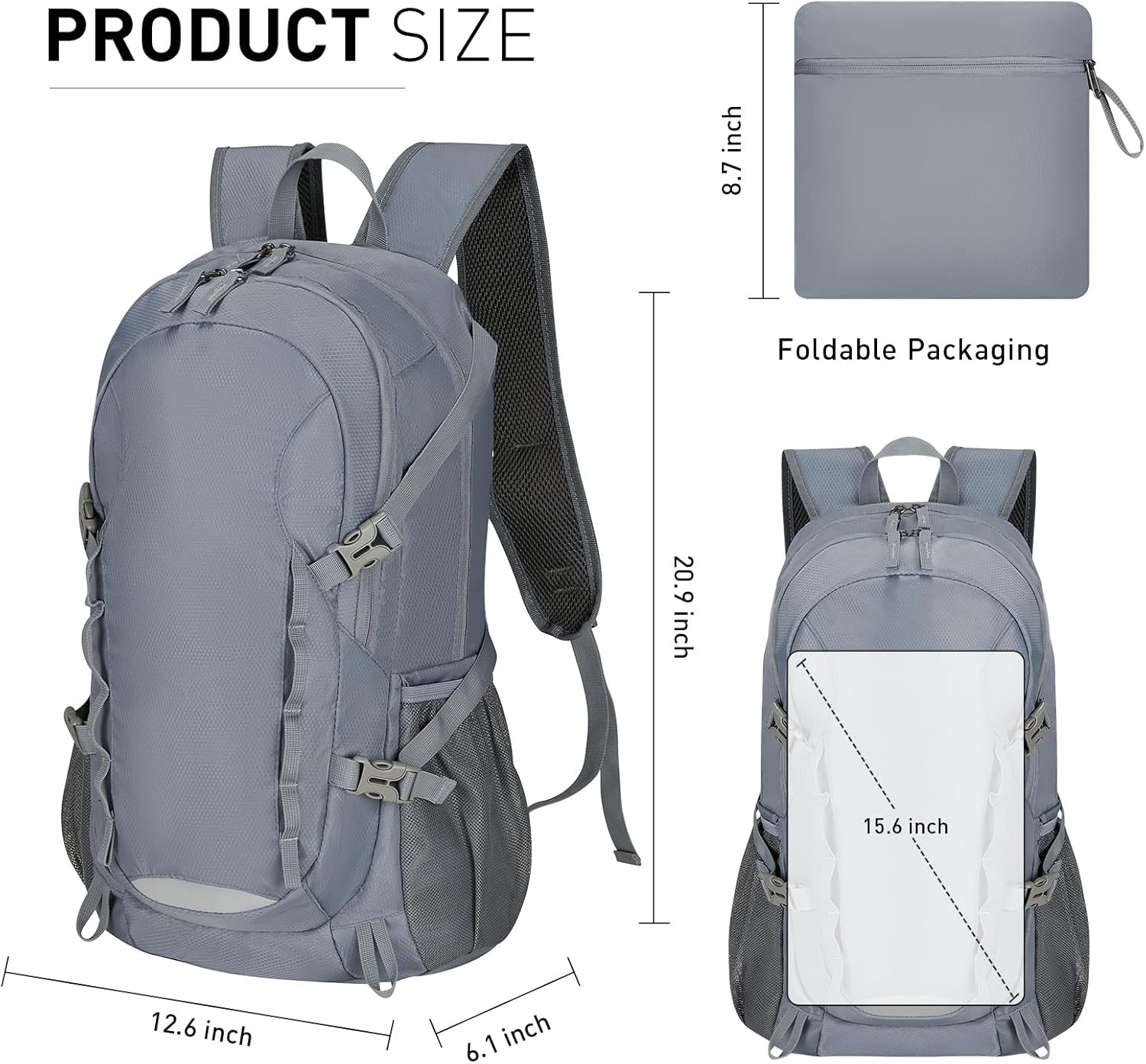 Travel Hiking Backpack 40L Ultra Lightweight Camping Packable for Men Women Water Resistant Portable Daypack(Grey) - Image 2