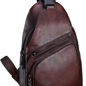 Genuine Leather Sling Bag Crossbody Purse Handmade Hiking Daypack Motorcycle Bag Retro Shoulder Backpack Vintage Chest Bag (Coffee)