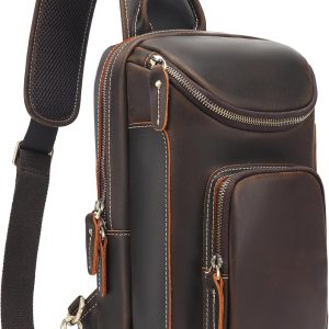 Full Grain Leather Sling Bag For Men, Crossbody Chest Daypack Fits 10.5" iPad, Men’s Crossbody Bag