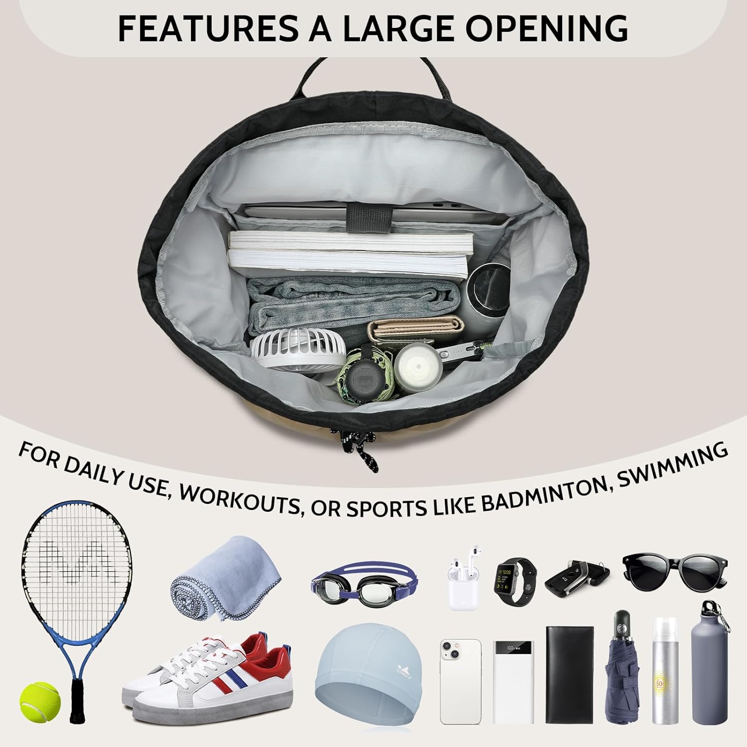 Casual Drawstring Backpack, 22L String Bag Gym Backpacks for Men Women, Water-Resistant Sports Bag Workout Backpack for Beach Swim Hiking Basketball Outdoor Activities Carry Everywhere, Khaki - Image 2