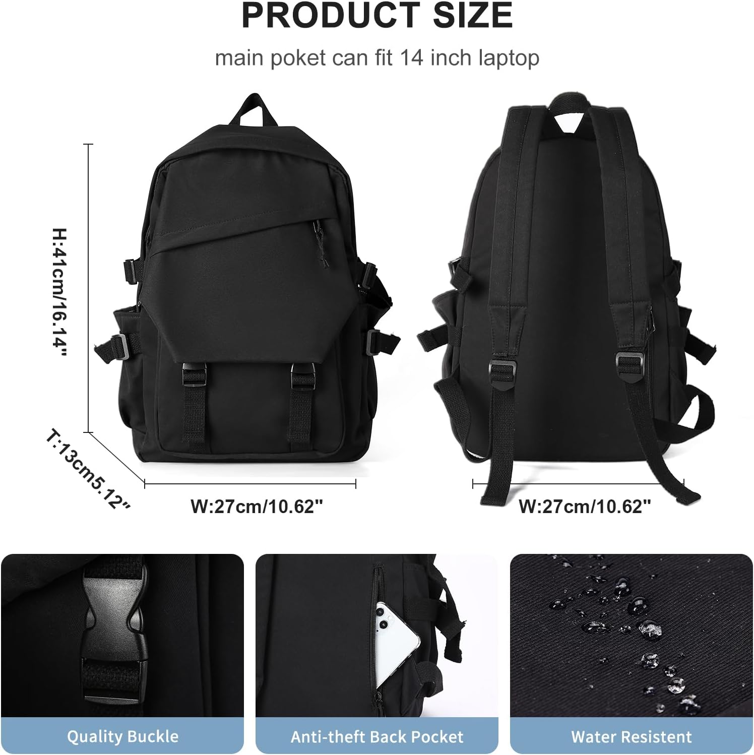 Backpack for Men Women Bookbag Waterproof Lightweight Black Backpack Book Bag Rucksack Casual Daypack Bag for Boys - Image 2