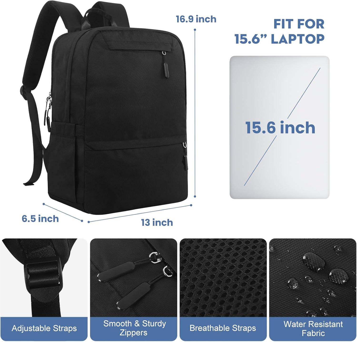 Backpacks for Students, Black Backpack for Men, Back pack for Teens, Water Resistant Bookbag Travel Laptop Back Pack 15.6 inch,Mens Work Bags Personal - Image 2